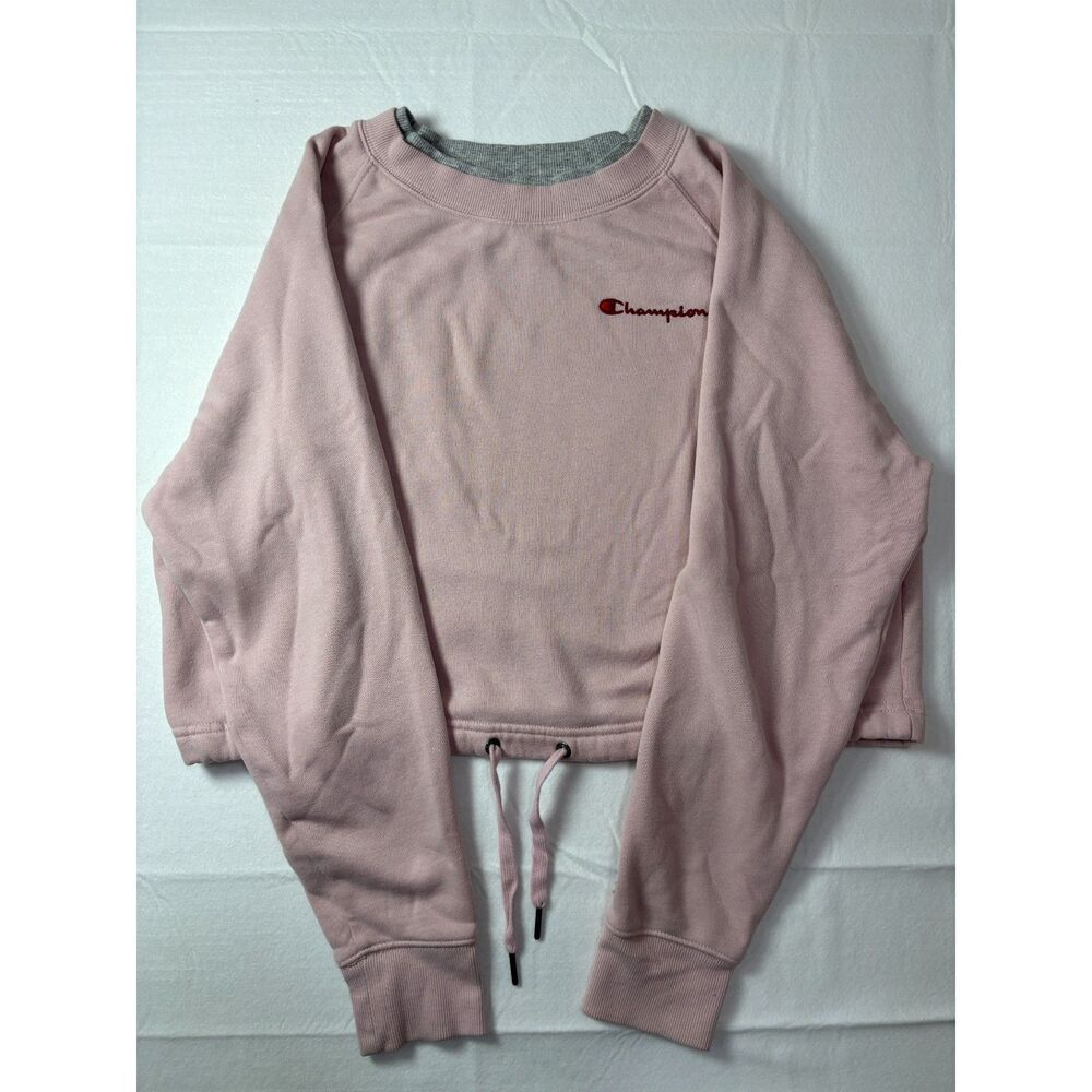 Champion Womens Cropped Cinch Hem Sweatshirt Light Pink Embroidered Logo Small